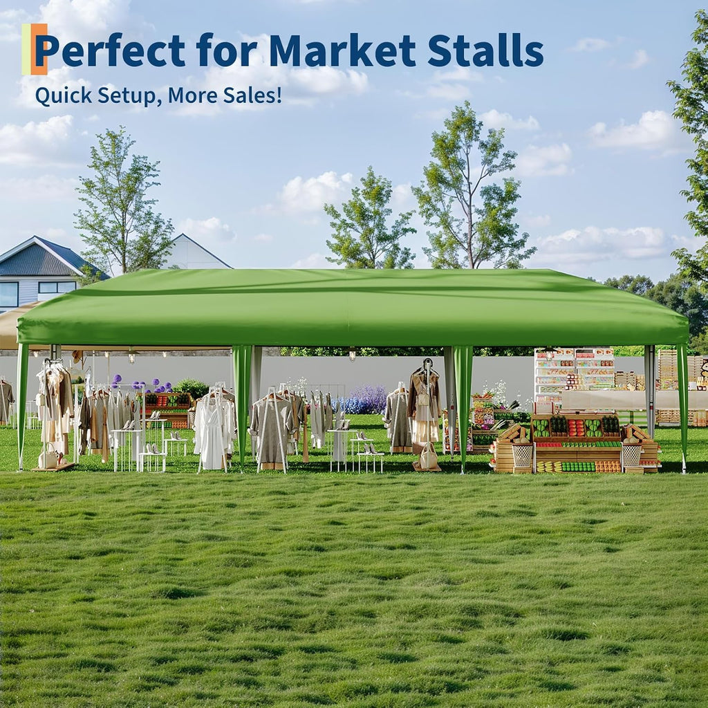GarveeLife 10x30 Pop-Up Awning with 8 Sidewalls - Heavy Duty Outdoor Awning Tent with Portable Rolling Bag - 3 Adjustable Height, 8 Weight Bags, 8 Stakes and 6 Drawstrings, Green