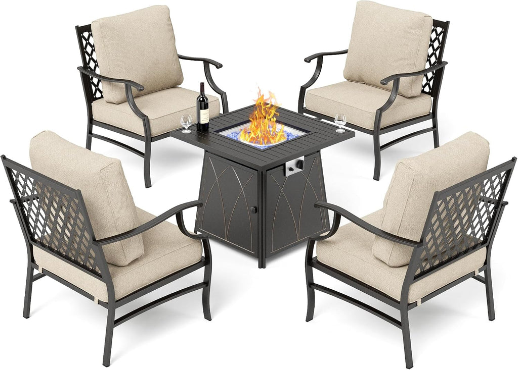 SUNSHINE VALLEY Patio Furniture Set with Firepit Table, 5 Piece Metal Outdoor Patio Furniture set for 4, 4 Single Chairs with 5.75' Extra Thick Cushion and Gas Firepit Table for Backyard Poolside Deck