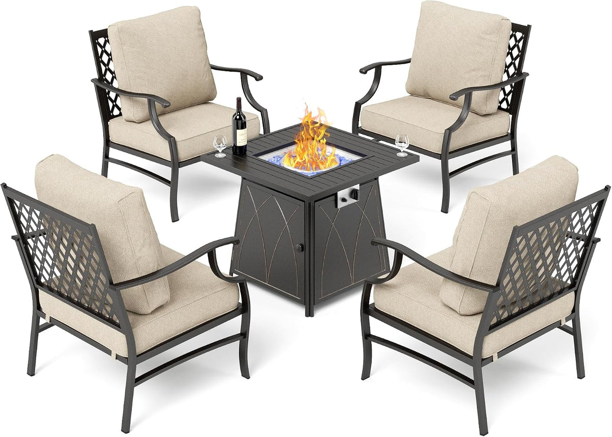 SUNSHINE VALLEY Patio Furniture Set with Firepit Table, 5 Piece Metal Outdoor Patio Furniture set for 4, 4 Single Chairs with 5.75' Extra Thick Cushion and Gas Firepit Table for Backyard Poolside Deck