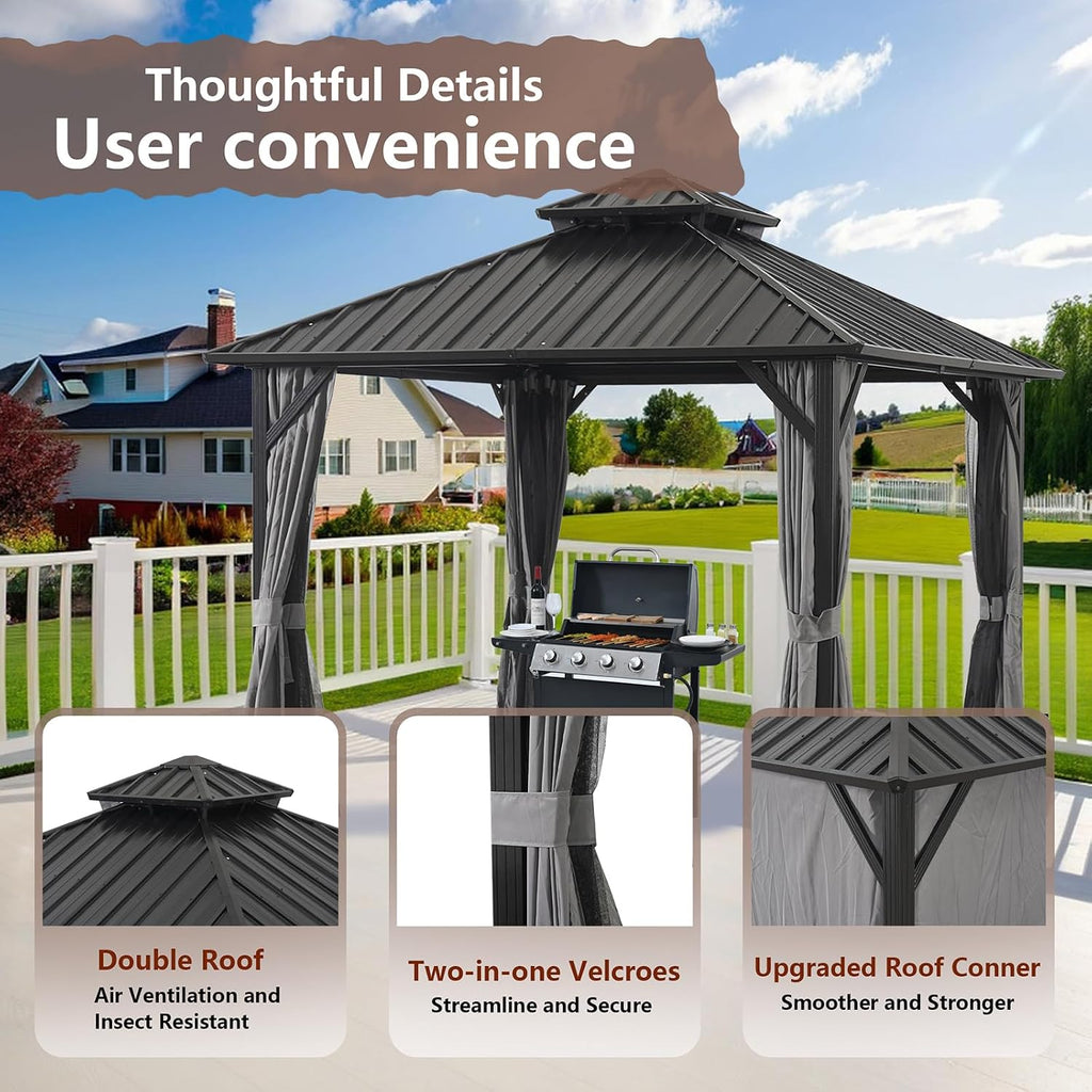 10 * 10FT Gazebo with Galvanized Steel Double Top Canopy, Aluminum Frame Outdoor Permanent Hardtop Gazebo for Patio, Garden, Backyard