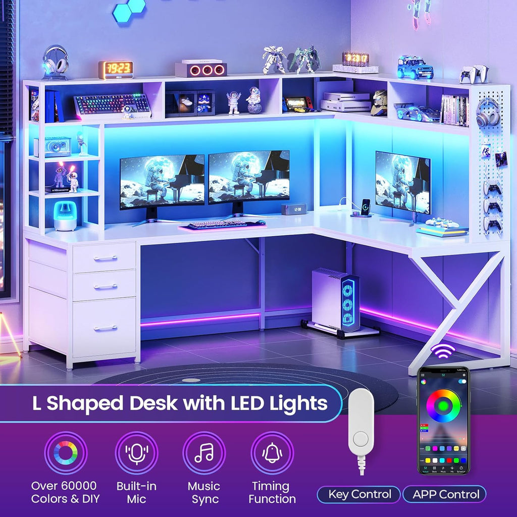 SEDETA Corner Computer Desk, Convertible 94.5' Gaming Desk with Storage Drawers, Hutch and Pegboard, L Shaped Office Desk with Power Outlet, LED Lights for Home Office, White