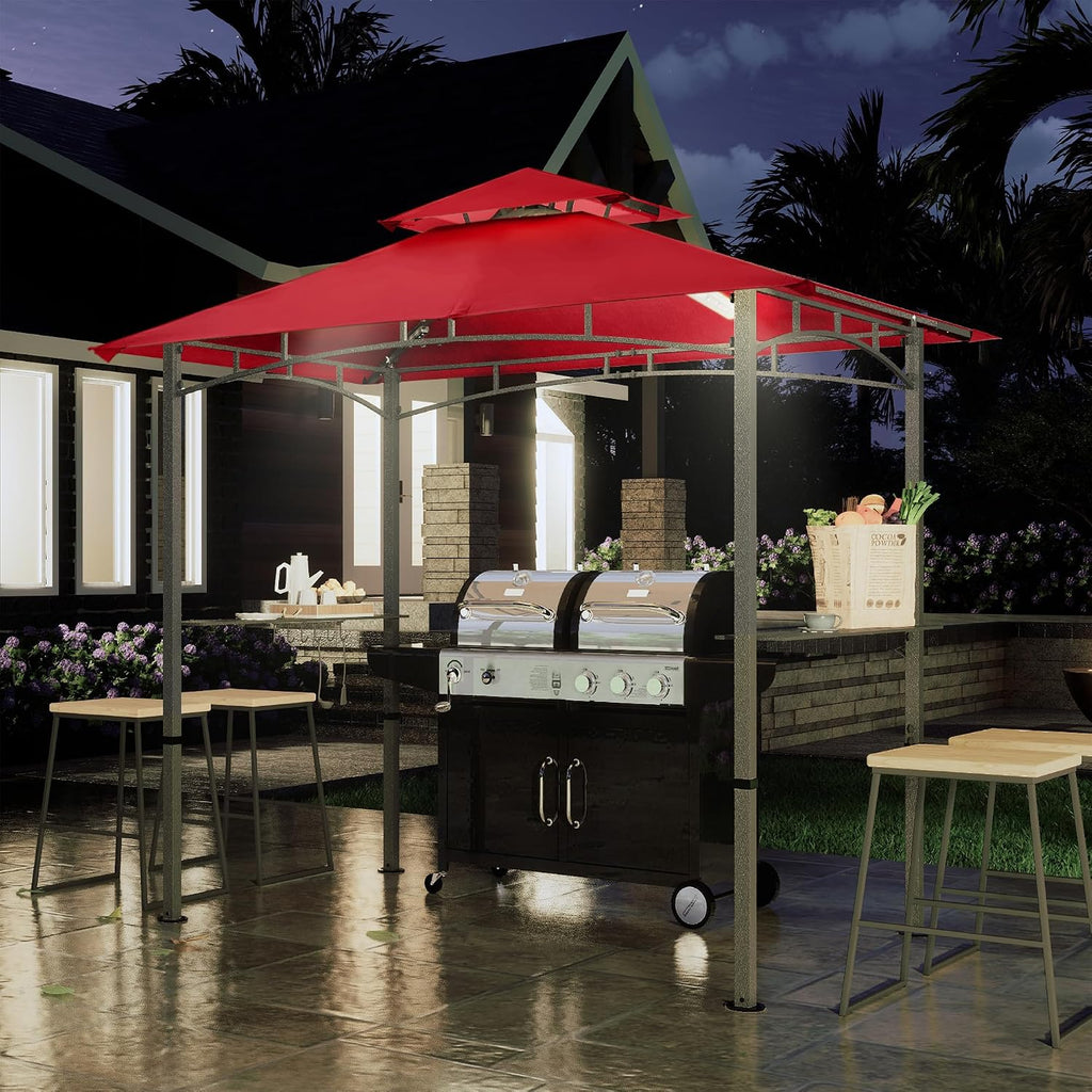 COOSHADE 8'x 5' Grill Gazebo Double Tiered Outdoor BBQ Gazebo Canopy with LED Light (Burgundy)