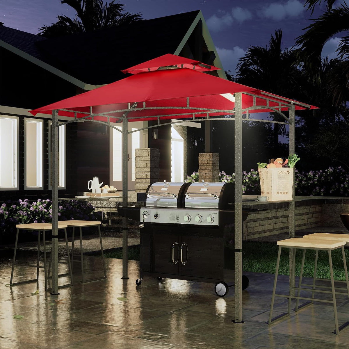 COOSHADE 8'x 5' Grill Gazebo Double Tiered Outdoor BBQ Gazebo Canopy with LED Light (Burgundy)
