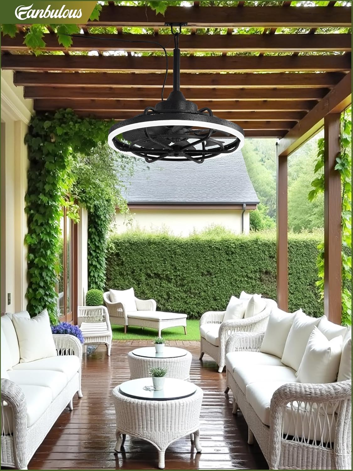 Fanbulous Outdoor Ceiling Fans with Light for Patios, 20' Weatherproof Plug in Ceiling Fan, Gazebo Fan Remote&APP Control, 3CCT Dimmable,Caged Ceiling Fan with Hanging Hook for Porch, Pergola,Canopy