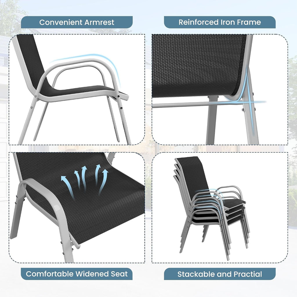 Amopatio Patio Chairs Set of 6, Stackable Outdoor Dining Chairs for All Weather, Silver Frame Outdoor Chair Garden Furniture for Backyard Deck(Black)