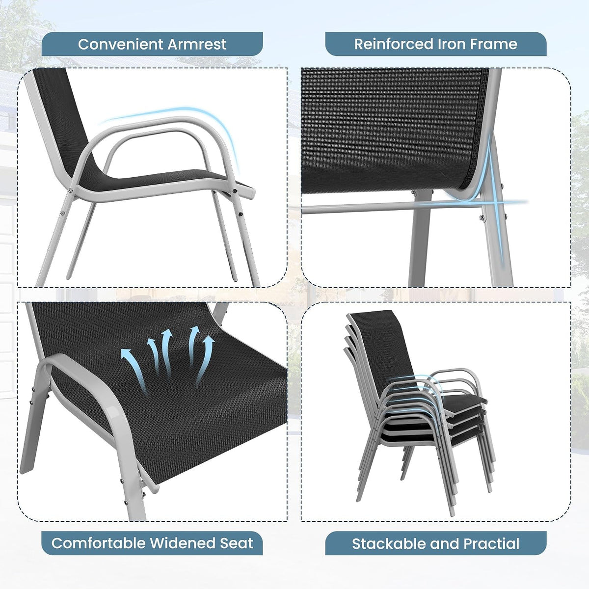 Amopatio Patio Chairs Set of 6, Stackable Outdoor Dining Chairs for All Weather, Silver Frame Outdoor Chair Garden Furniture for Backyard Deck(Black)