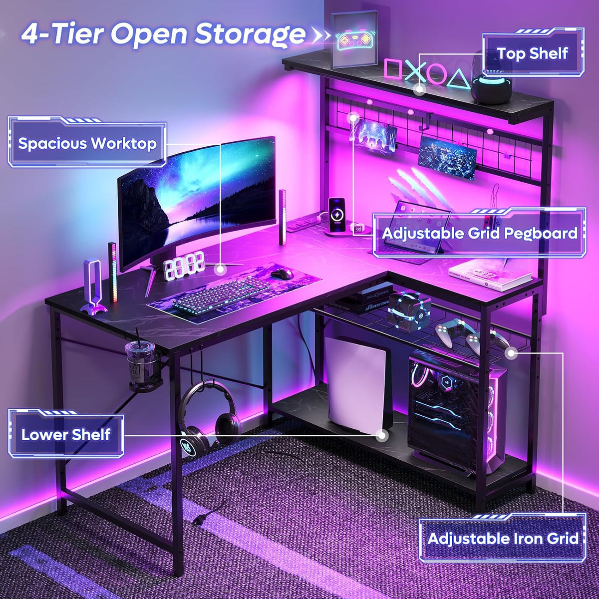Bestier 42 L Shaped Gaming Desk, Computer Desk with Power Outlets & LED Light, Reversible Corner Desk with Shelves, Home Office Desk with Storage, Black Marble