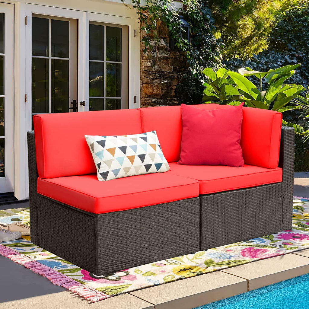 Devoko 2-Piece Modern Red Rattan & Metal Patio Sofa Set - Sectional Corner Sofa & Armless Sofa