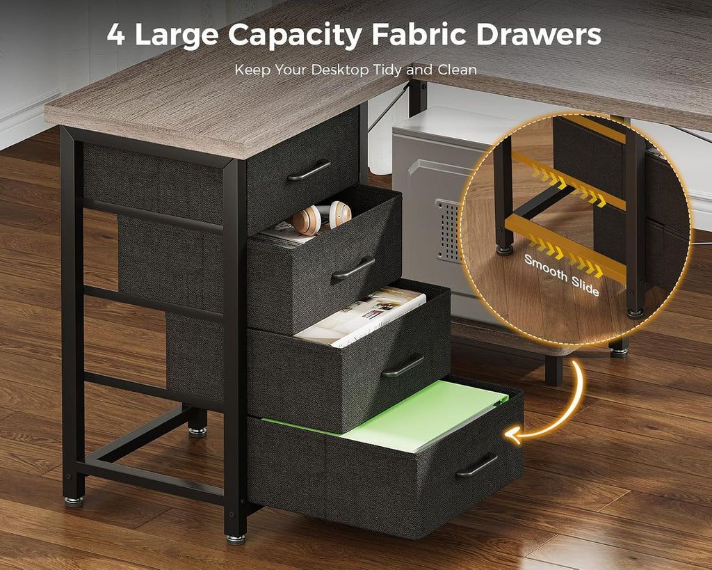 AODK L Shaped Gaming Desk with 4 Drawers, 61' Reversible Home Office Desks with Power Outlets, L Shaped Computer Desk with USB Charging Port and Host Stand, Corner Desk, Easy to Assemble, Grey