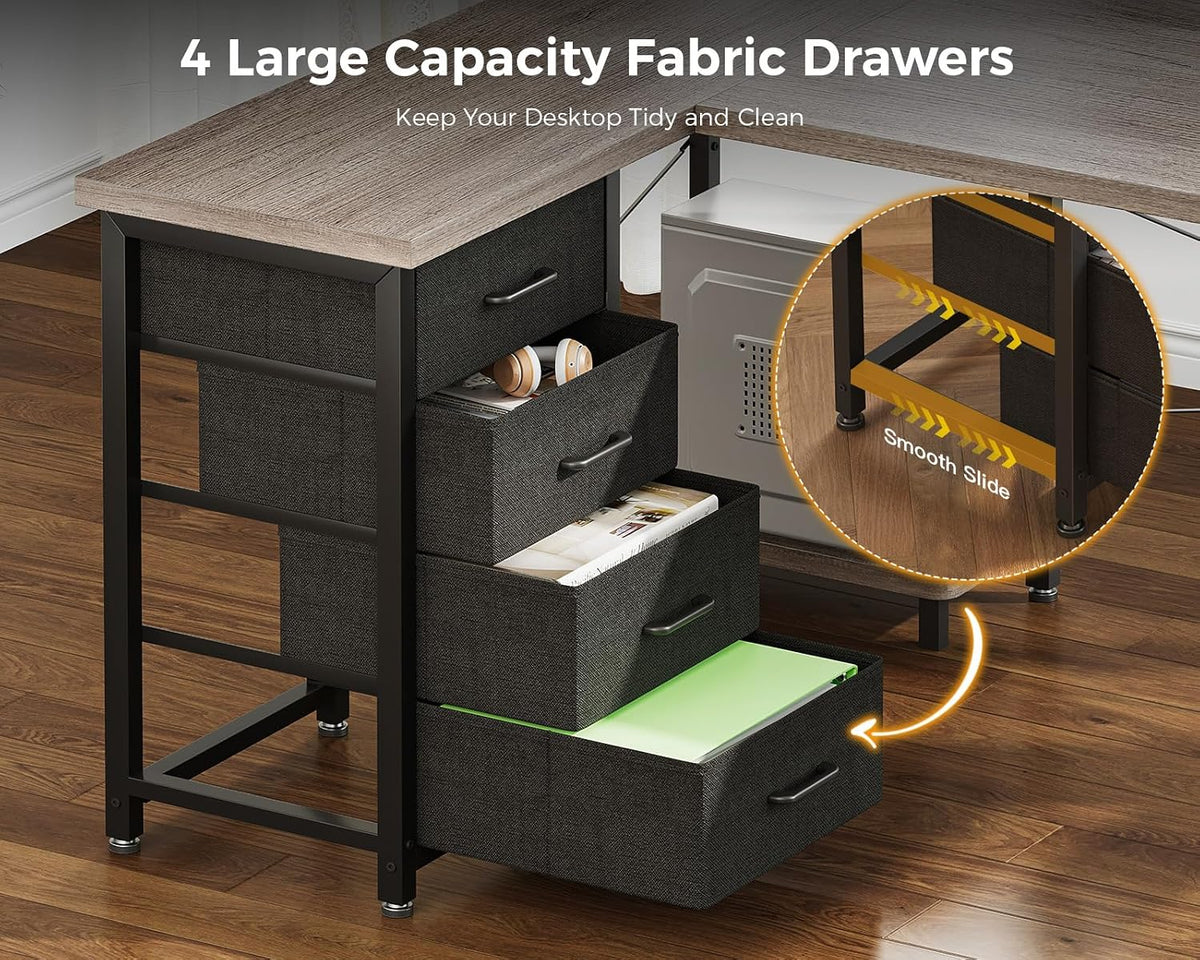 AODK L Shaped Gaming Desk with 4 Drawers, 61' Reversible Home Office Desks with Power Outlets, L Shaped Computer Desk with USB Charging Port and Host Stand, Corner Desk, Easy to Assemble, Grey