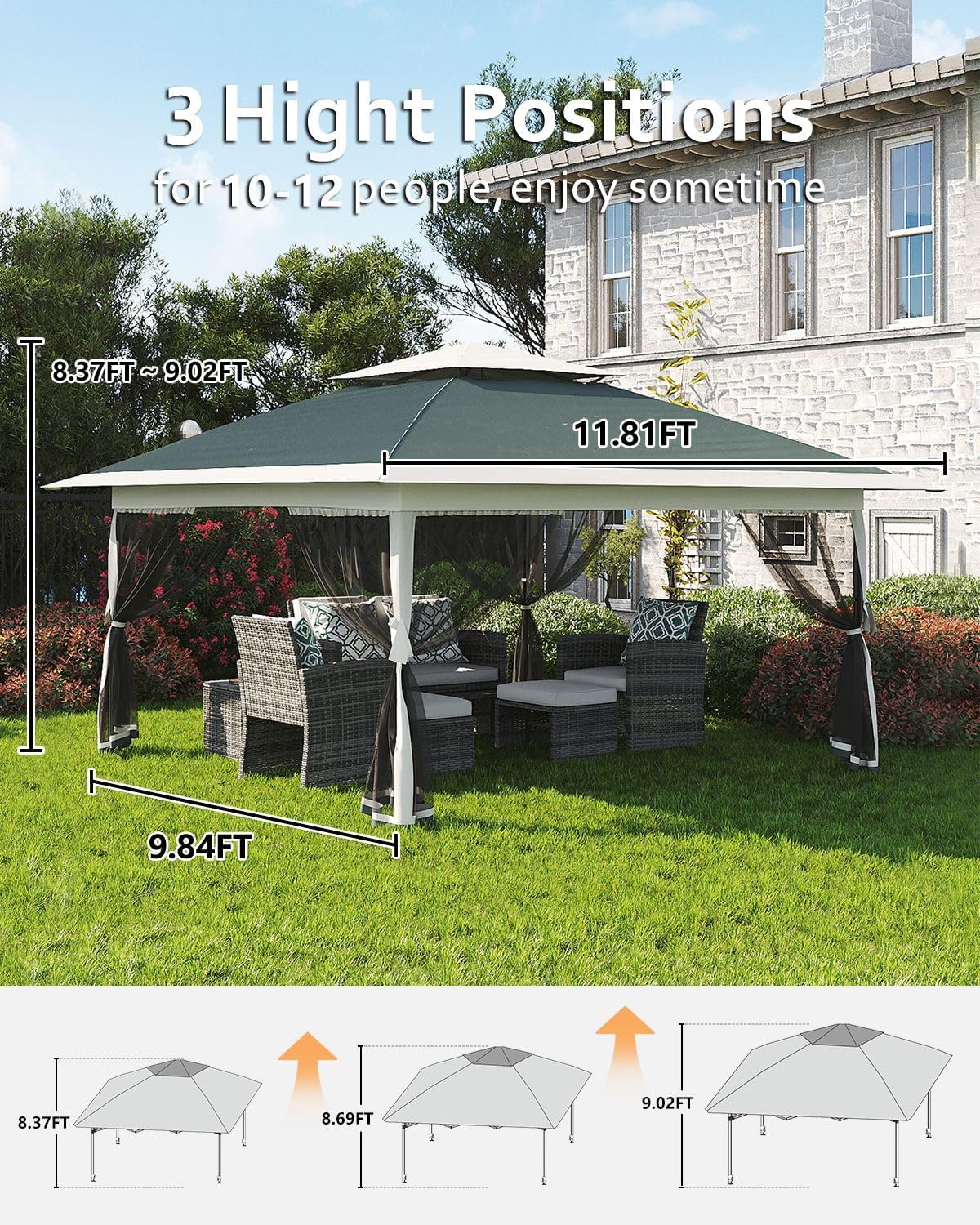 Canopy Tent 13x13, Pop Up Gazebo Tent Easy Setupwith 4 Sand Bags for Backyard Garden Patio, Mosquito Netting & Height Adjustable - Dark Green