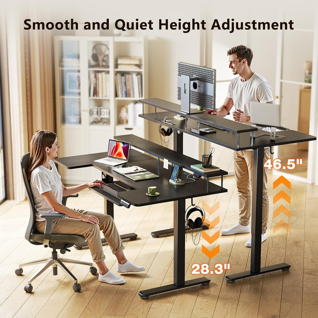OffiGo U Shaped Electric Standing Desk with Keyboard Tray, 55 Inch Height Adjustable Desk with Power Outlets & LED Lights, Sit Stand Table with Monitor Stand for Home, Office, Black