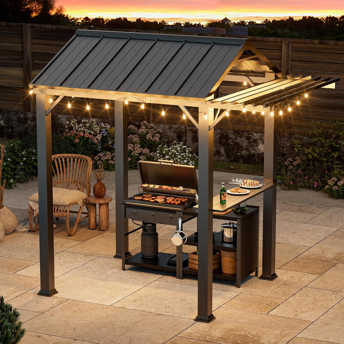 Covered Outdoor Grill Gazebo 6' x 8' with Galvanized Steel Roof and Pergola Extension, BBQ Gazebo with UV Blocking & Waterproof Design, Grill Canopy with Shelves, Rust-Resistant, 4-Season Use