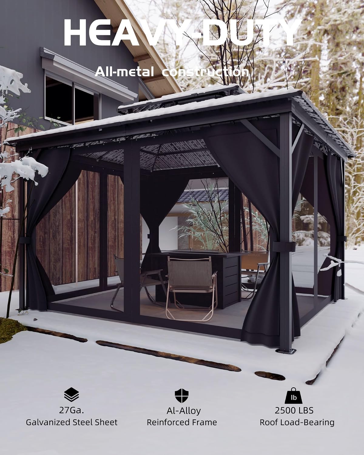GAOMON Hardtop Gazebo 10'x12' for All Weather, with Double Metal Roof, Aluminum Alloy Frame, Net, and Curtain, Permanent Building of Backyard Luxury for Patio, Deck, Backyard, Lawn, and Garden, Gray