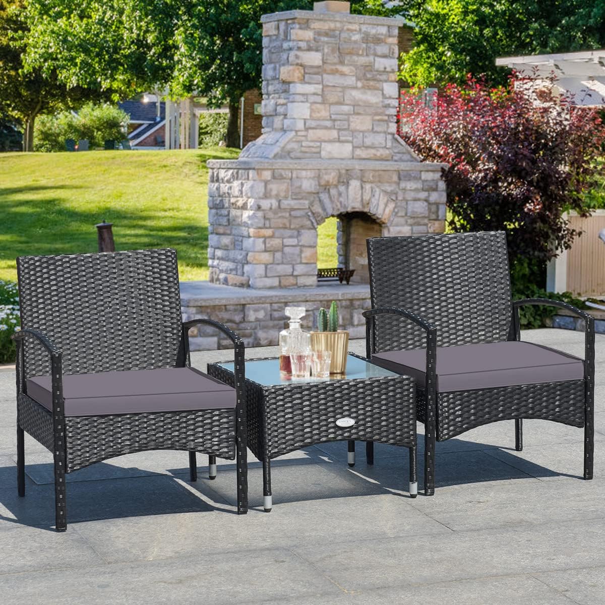Tangkula 3 Pieces Patio Wicker Rattan Furniture Set, Rattan Chair with Coffee Table, High Load Bearing Chair Conversation Sets for Patio Garden Lawn Backyard Pool