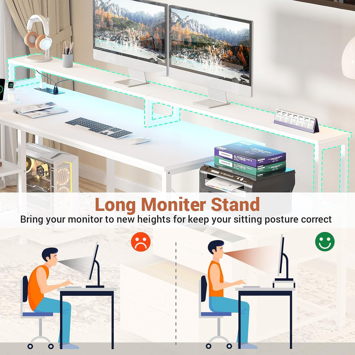 Aheaplus L Shaped Desk with File Drawer, 66' Reversible L Shaped Computer Desk with Power Outlet & LED Strip, Gaming Desk with Long Monitor Stand, Office Desk Corner Desk with Storage Shelf, White