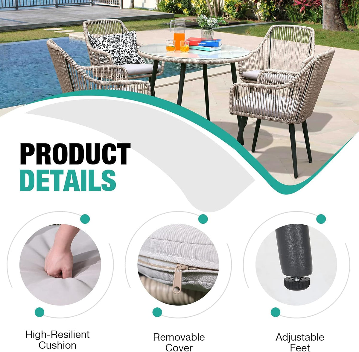 Patiorama 5-Piece Patio Dining Set, Outdoor Dining Table Chair Set, All-Weather Twisted Rattan Wicker Rope Conversation Set, Patio Furniture Set w/Umbrella Hole, 4 Cushioned Chairs&Glass Table(Tan)