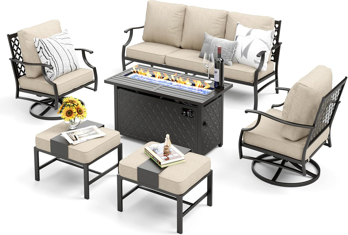 MIXPATIO Patio Furniture Set, 6 Pcs Metal Outdoor Conversation Set, 2 Swivel Chairs, 2 Ottomans and 3 Seater Sofa with 5.75' Extra Thick Cushion and Gas Fire Pit Table, Beige