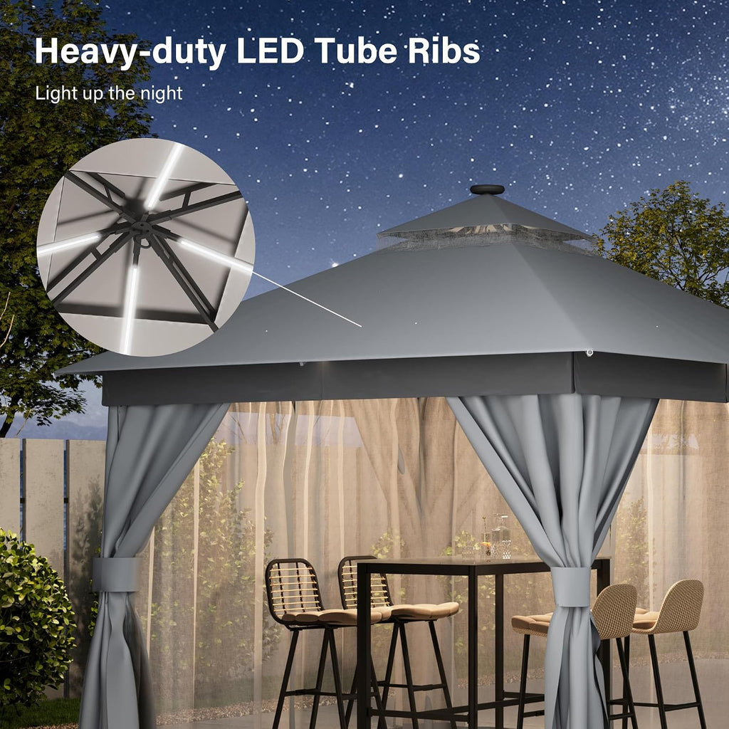 LAUSAINT HOME Patio Gazebo 10'x10' with Solar LED Roof Lights, Outdoor Heavy Duty Party Tent Shelter with Double Roofs, Mosquito Netting & Privacy Curtains for Backyard, Garden, Lawn, Gray