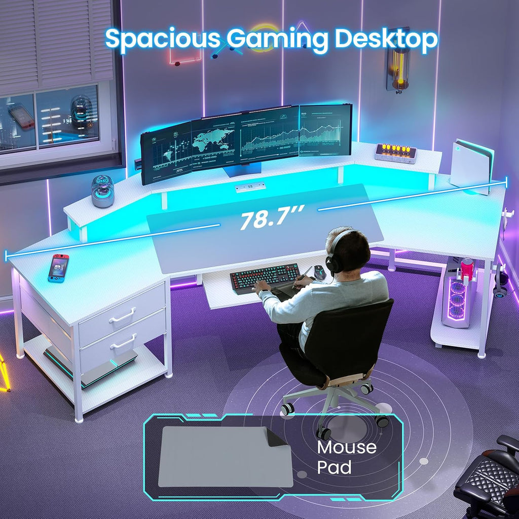 Itaar 79' Gaming Desk with 2 Fabric Drawers, Long Computer Desk with Power Strip & LED Lights, U Shaped Desk with Storage and Cup Holder, Large Gaming Table for Bedroom, Carbon Fiber White