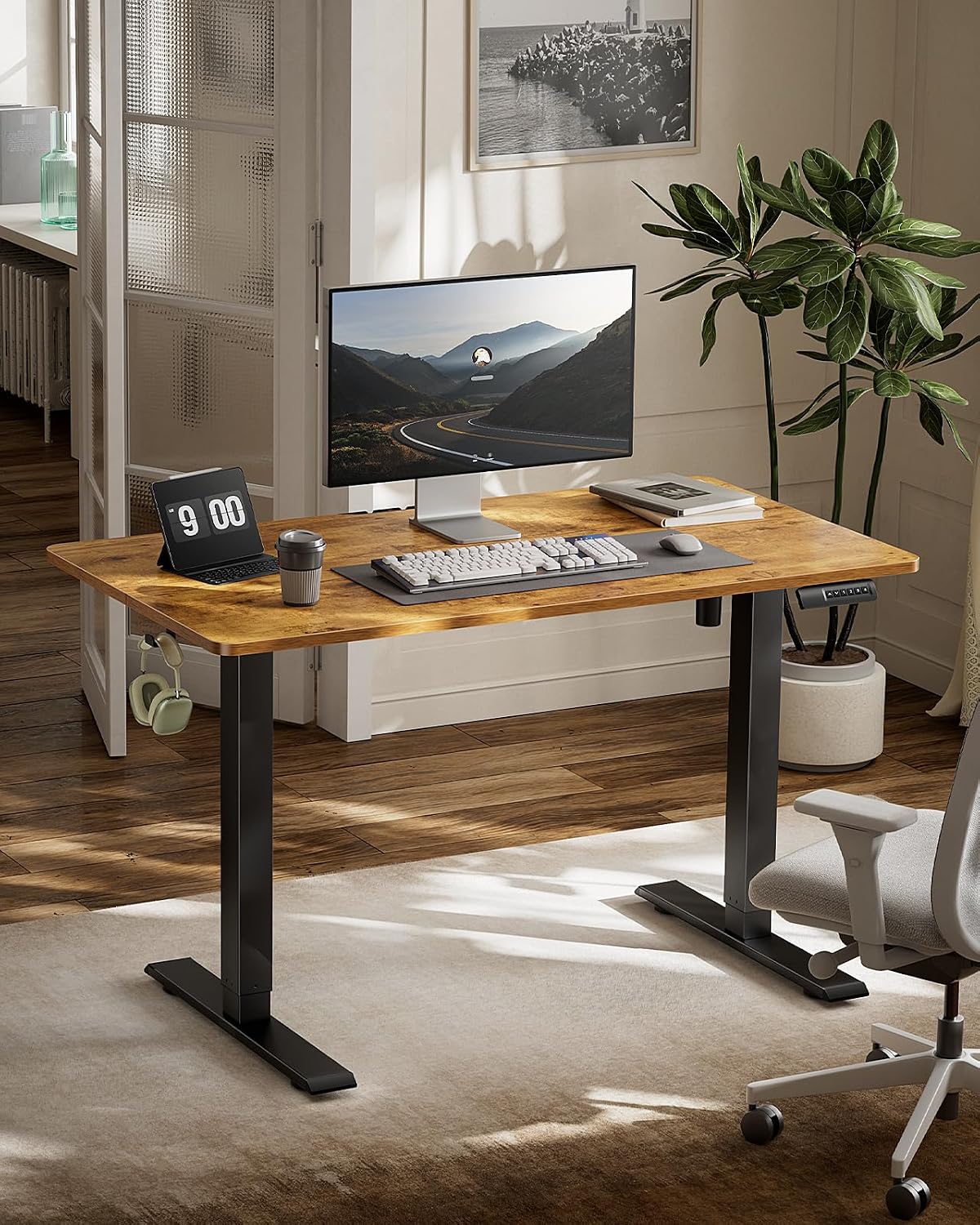 Marsail Electric Standing Desk,Adjustable Height Stand up Desk, 40 x 24 Inch Home Office Furniture Computer Desk, 4 Memory Preset with Headphone Hook, Cable Organizer, Rustic Brown