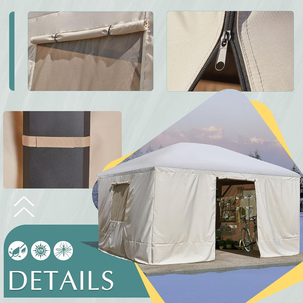 EROMMY Gazebo Cover for 12x14 Gazebos, Outdoor Winter Cover with Sidewalls and Mesh Windows, Convert into Storage Space, Beige