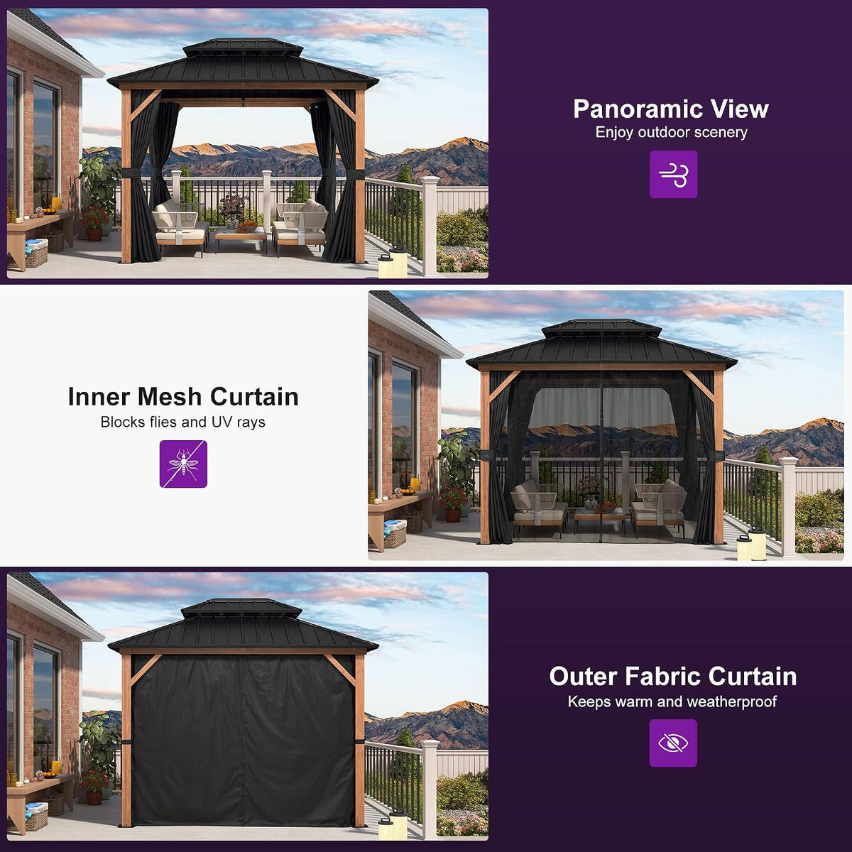 PURPLE LEAF 8' X 10' Hardtop Gazebo Outdoor Wood Grain Aluminum Frame Galvanized Steel Double Roof Gazebos with Netting and Curtains for Patio Deck Backyard Garden