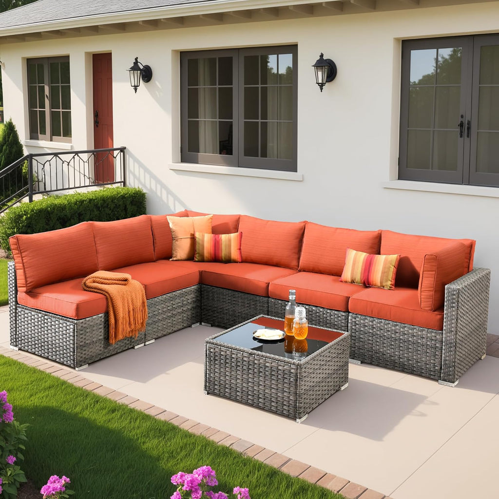 Weaxty 7 Pieces Outdoor Patio Furniture Set,Wicker Sectional Sofa Couch with Thicken Cushion and Glass Coffee Table,All Weather Rattan Patio Conversation Sets for Porch,Poolside,Backyard,Orange Red
