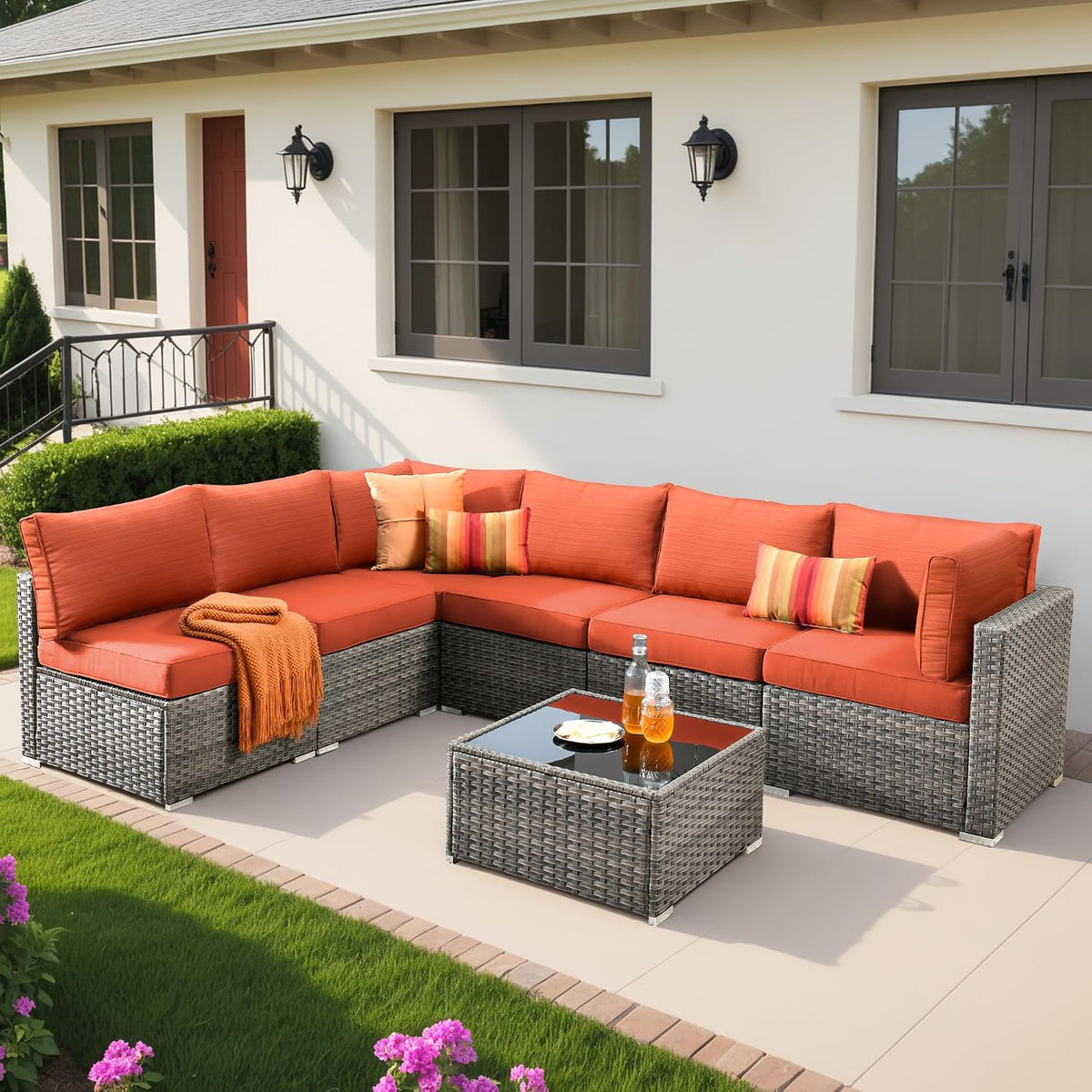 Weaxty 7 Pieces Outdoor Patio Furniture Set,Wicker Sectional Sofa Couch with Thicken Cushion and Glass Coffee Table,All Weather Rattan Patio Conversation Sets for Porch,Poolside,Backyard,Orange Red