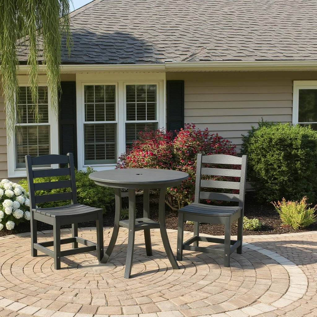 3 Piece Outdoor Patio Bistro Set with Umbrella Hole, HDPE Round Coffee Table and Porch Chairs Set of 2, Outdoor Patio Furniture Set with Bistro Table and Chairs for Balcony Garden Deck, Charcoal Gray