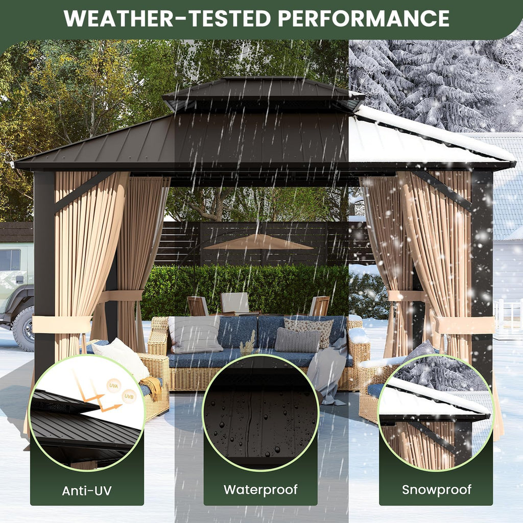 10'x12' Hardtop Gazebo, Galvanized Steel Double Roof Canopy with Aluminum Frame, Outdoor Pavilion with Nettings and Curtains