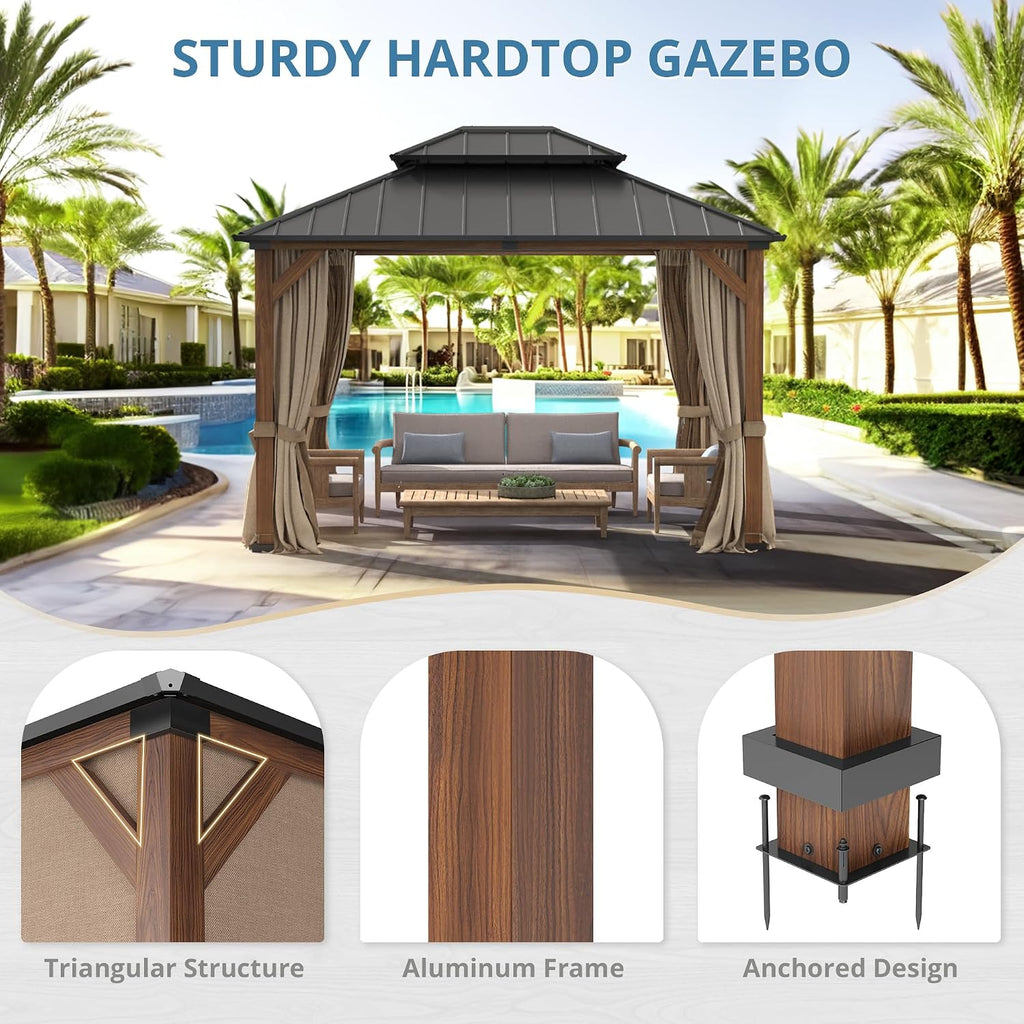 LUE BONA 10x12 Hardtop Gazebo, Galvanized Steel Double Roof Permanent Pavilion with Wood-Like Aluminum Frame, Outdoor Metal Gazebo Canopy with Nettings and Curtains for Deck, Patio, Backyard