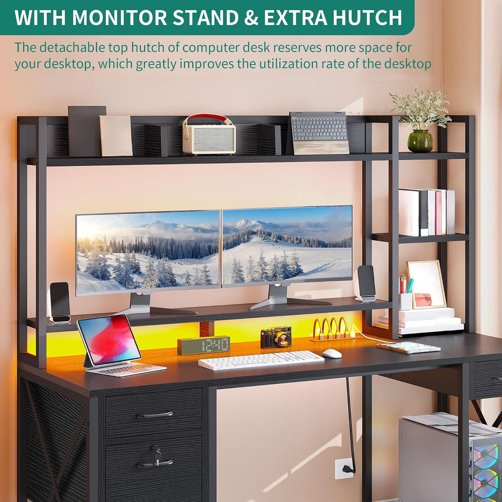 YITAHOME Computer Desk with Drawers & Hutch, 59.1' Office Desk with LED Lights & Power Outlets, Gaming Desk with Monitor Stand & Storage Shelves, Black