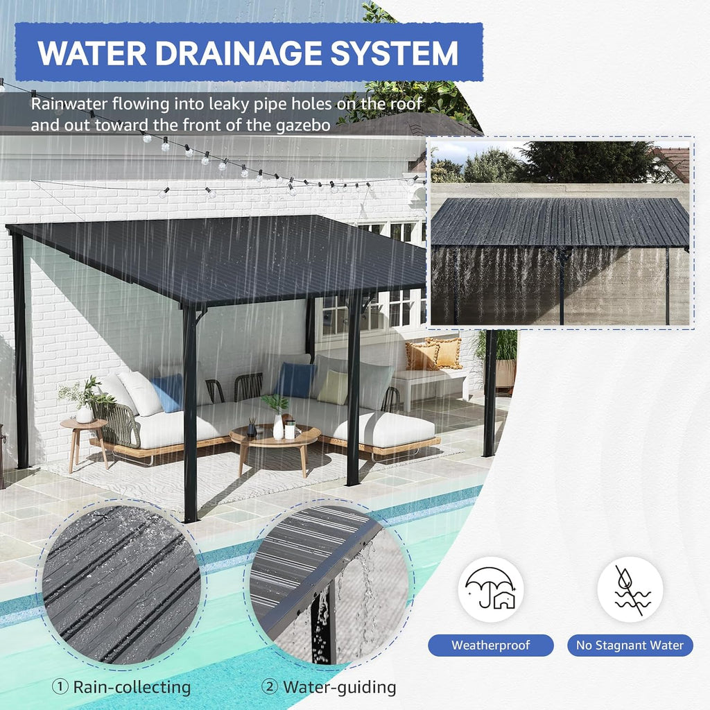 SUNSITT 10 * 10FT Outdoor Gazebo, Lean to Gazebo Pergola w/Drainage Holes, Wall-Mounted Gazebos with Galvanized Iron Hard Top Awnings for Yard, Dark Grey