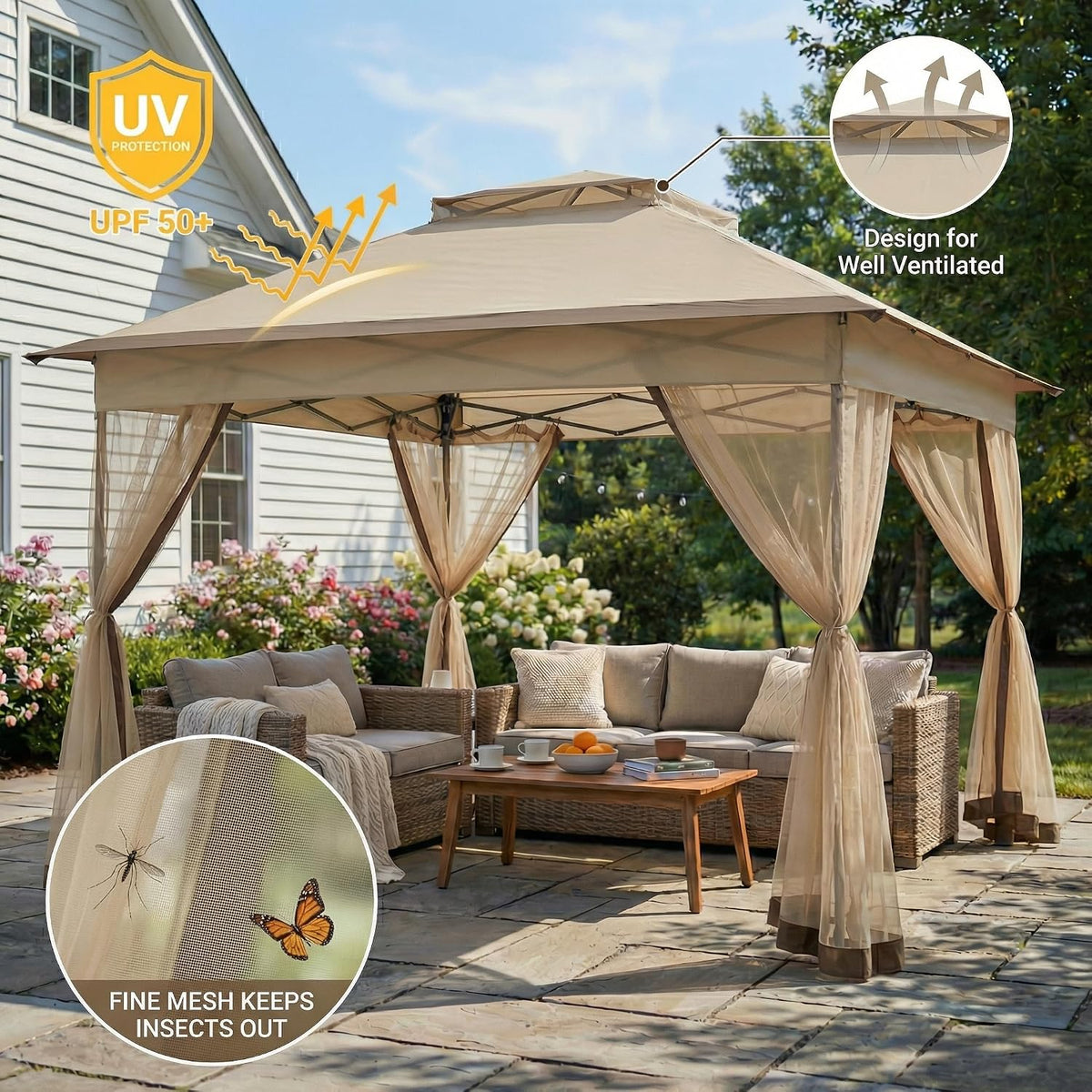 Bezseller 11x11 Pop Up Gazebo with Mosquito Netting – Easy 1-Person Setup, Water-Resistant Backyard Canopy for Family Patio & Garden Use,Khaki