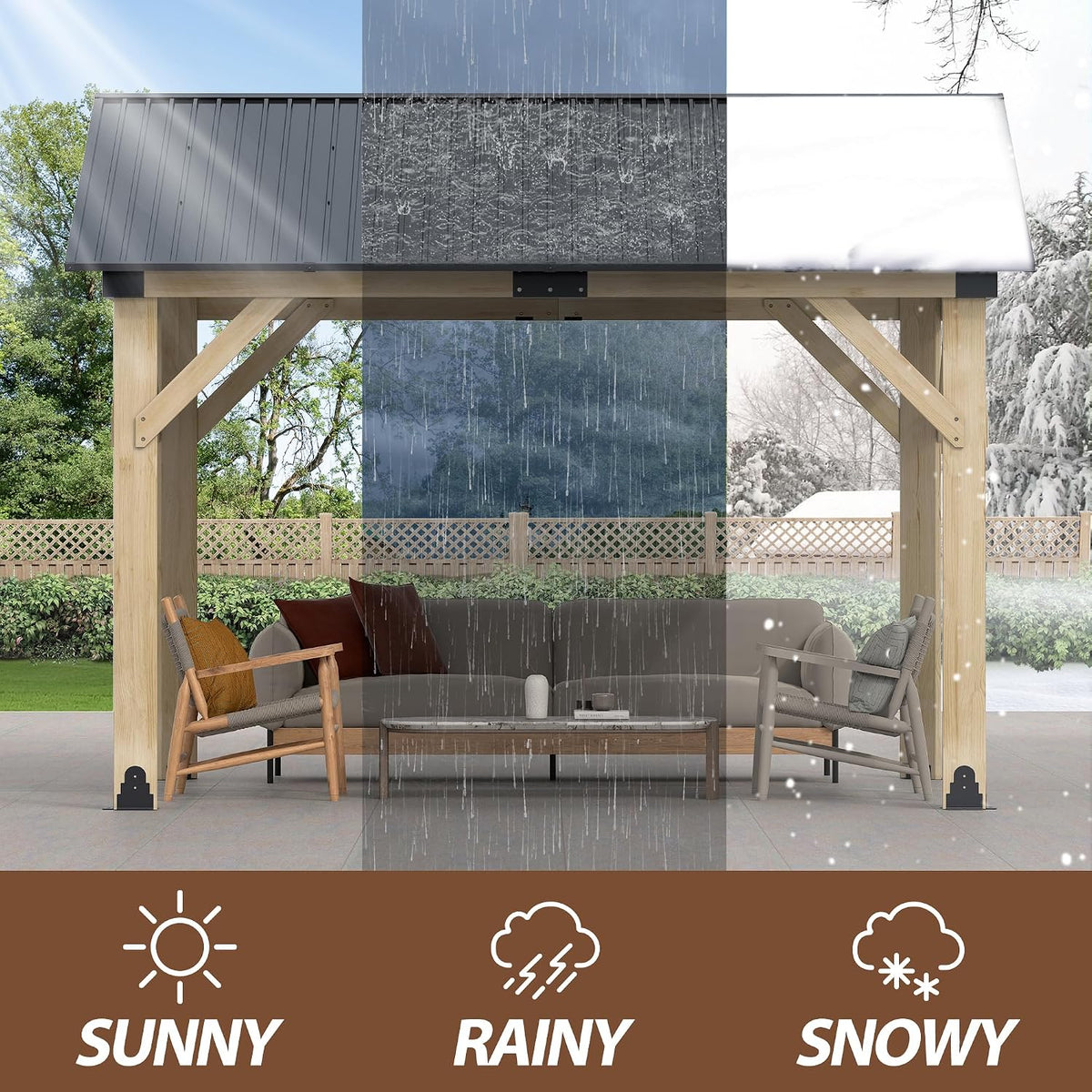 10' x 12' Wood Gazebo, Outdoor Cedar Hardtop Wooden Frame Gazebos with Galvanized Steel Roof for Garden, Patio, Deck
