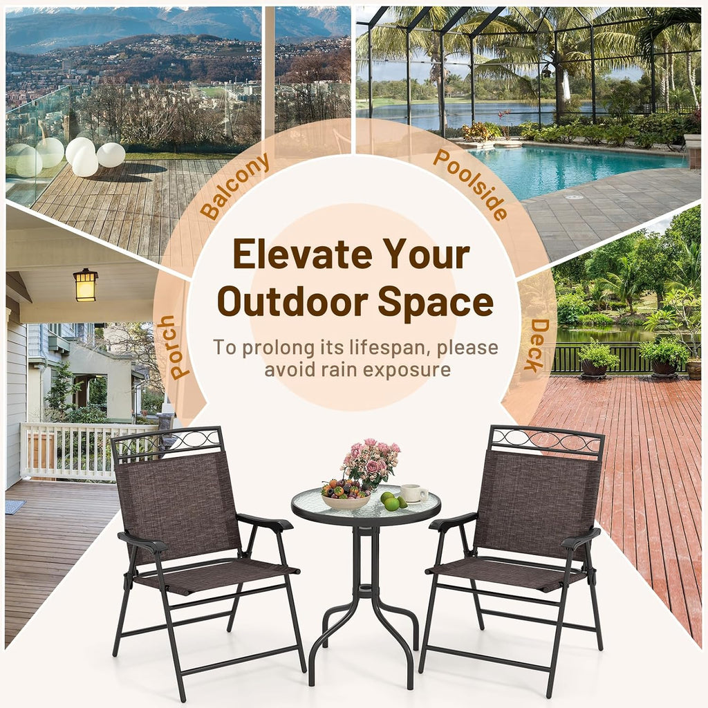 HAPPYGRILL 3 Pieces Patio Dining Set with Round Glass Table, Folding Chairs, Outdoor Chairs Table Set with Umbrella Hole for Garden Poolside Backyard