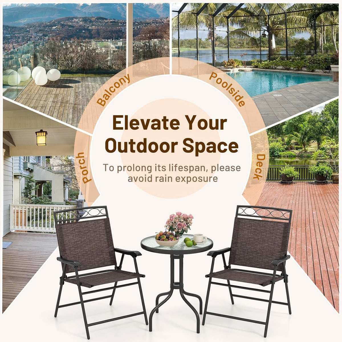 HAPPYGRILL 3 Pieces Patio Dining Set with Round Glass Table, Folding Chairs, Outdoor Chairs Table Set with Umbrella Hole for Garden Poolside Backyard