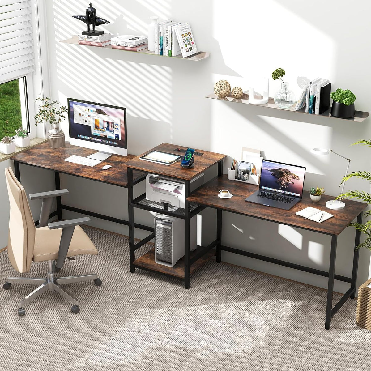 Tangkula 97' Extra Long 2-Person Computer Desk with Power Outlet, Home Office Computer Workstation with Printer Stand, Metal Mesh Shelf & CPU Stand, Double Gaming Table (Rustic Brown)