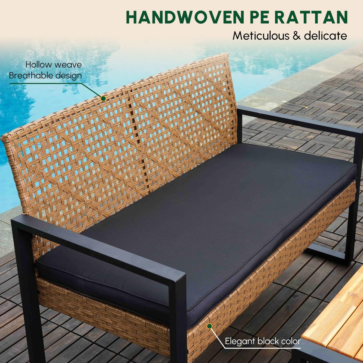 BEEFURNI Wicker Patio Furniture Outdoor Conversation Set of 4, Rattan Outdoor Furniture Set, Acacia Wood Table, 2 Chairs, 1 Loveseat, 2' Cushions, All Weather Set for Patio, Porch, Balcony (Brown)