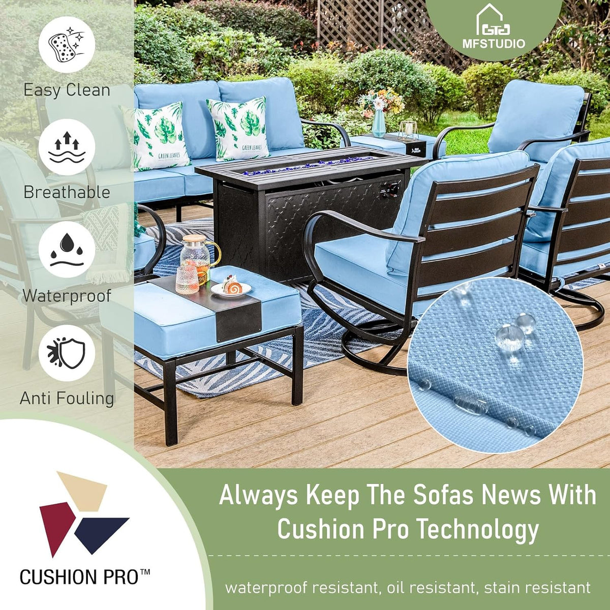 MFSTUDIO 8 Pieces Patio Furniture Sets with 45' Gas Fire Pit Table(Up to 9 Seat),Outdoor Metal Conversation Sofas with 1 x 3-Seat Sofa, 2 Single Chairs,2 Rocking Chairs and 2 Ottoman,Blue Cushion
