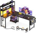 ODK 61 Inch L Shaped Desk with LED Lighting, Reversible Gaming Desk with Power Outlets, Cornor Computer Table with Storage Shelves & Bag & Iron Hook, Home Office Table for Writing, Study, Black
