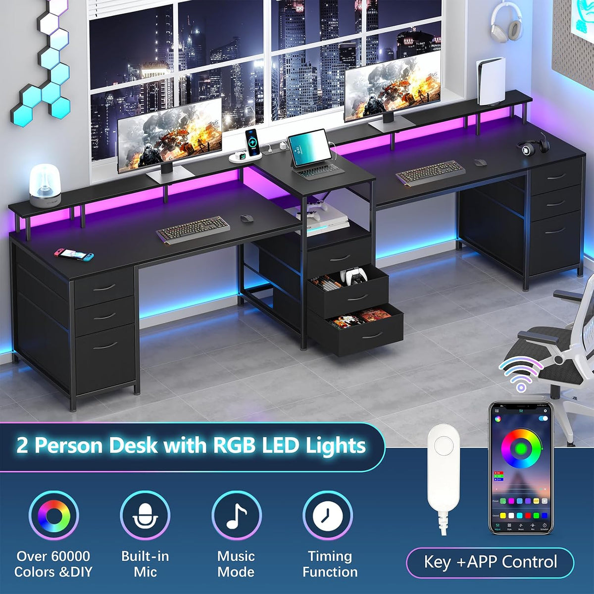 YOMILUVE 98.4' Long Computer Desk with 9 Drawers, 2 Person Gaming Desk with LED Lights & Power Outlet, Two Person Home Office Desk with Storage, Printer Shelf ＆ Monitor Stand, Black