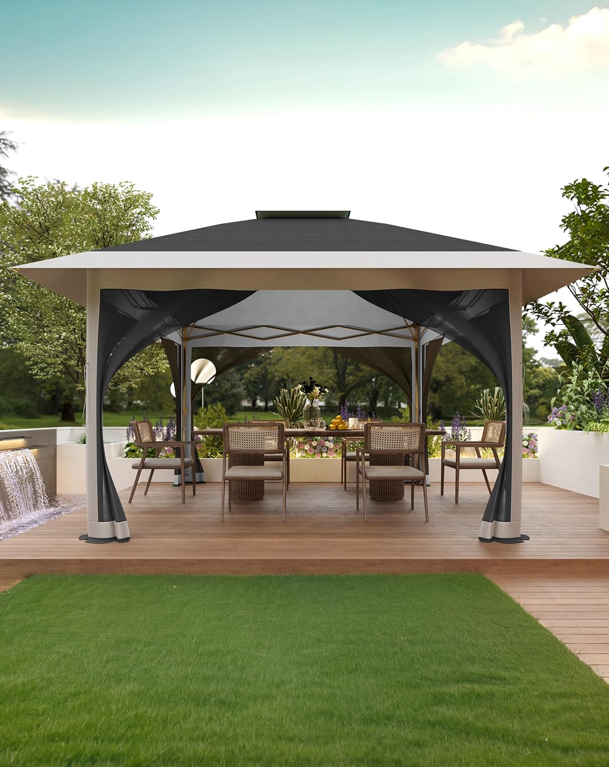KYBOLT 13x13 Pop Up Gazebo Outdoor Canopy Shelter with Mosquito Netting 4 Stanbags Instant Gazebo Tent for Lawn, Garden, Backyard Deck (Charcoal Gray + Light Gray)