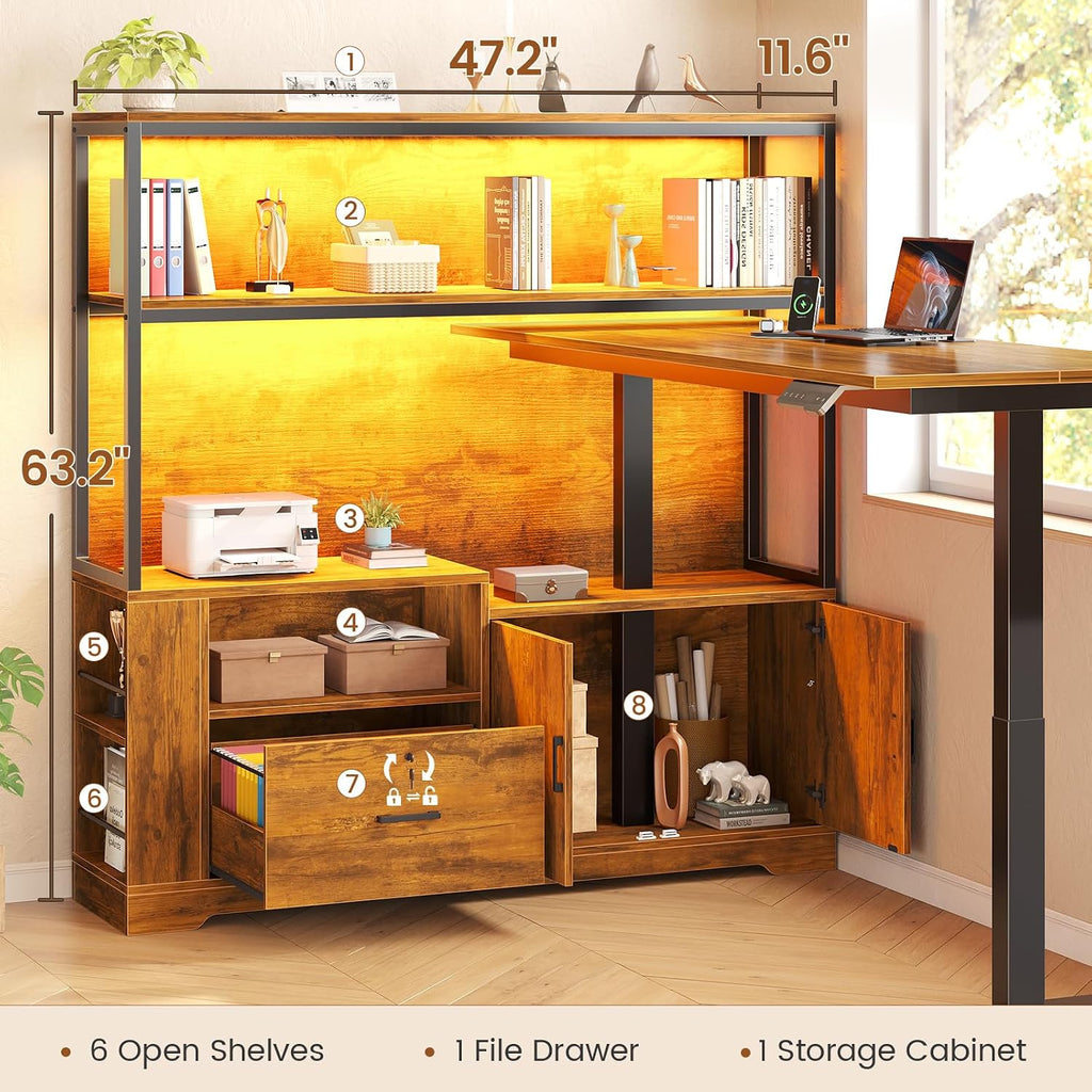 SEDETA 56.7' L Shaped Standing Desk, Reversible Computer Office Desk with Drawers & Hutch, Stand Up Corner Gaming Desks with LED Lights & Power Outlets for Home Office, Rustic Brown