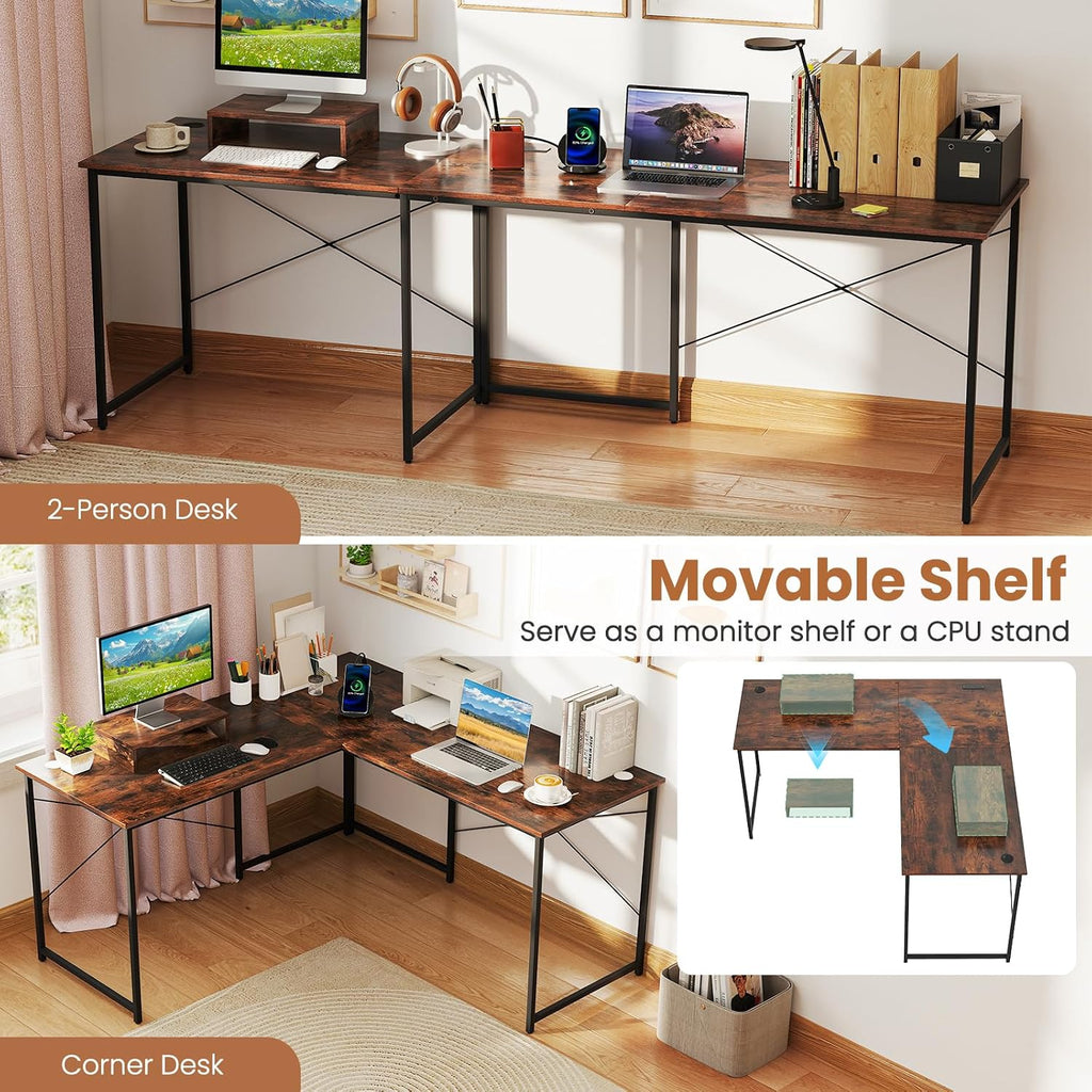 Tangkula L-Shaped Computer Desk with Power Outlets, 95' Long 2-Person Desk with Monitor Shelf, Modern Corner Desk Gaming Table with USB Ports for Home Office