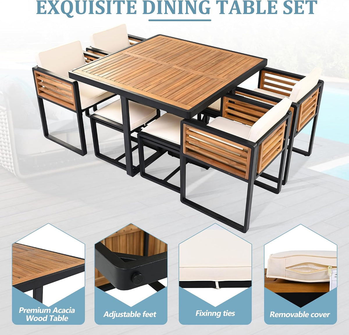Merax 9 Pieces Outdoor Dining Set for 8 People, Acacia Wood Patio Furniture Sets with 1 Square Table, 4 Cushioned Chairs and 4 Ottomans for Backyard, Garden, Lawn, Poolside, Space Saving Design, Beige