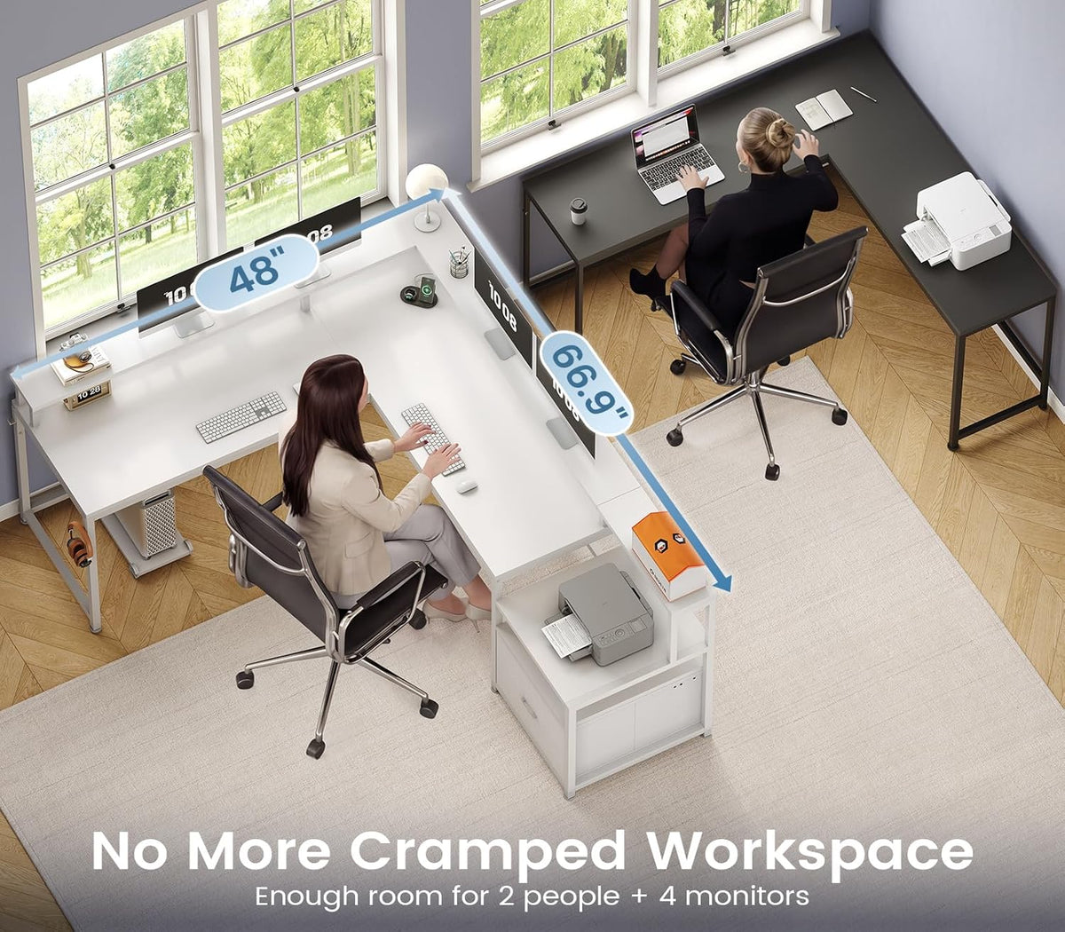 SEDETA 66' L Shaped Desk with Power Outlet, Reversible Home Office Computer Desk with File Drawer & Monitor Shelf, Storage Shelves, LED Lights for Corner Small Spaces, White