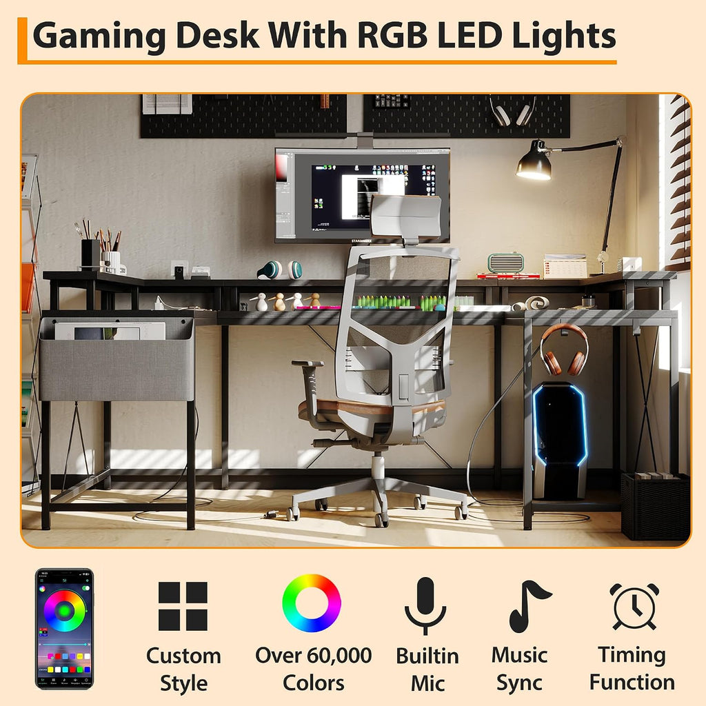 IDEALHOUSE U Shaped Home Office Desk, Reversible L Shaped Gaming Computer Desk with Power Outlets,126 Inch Computer Desk with Monitor Stand and LED Lights,Storage Shelves,Storage Bag and Hooks（Black）