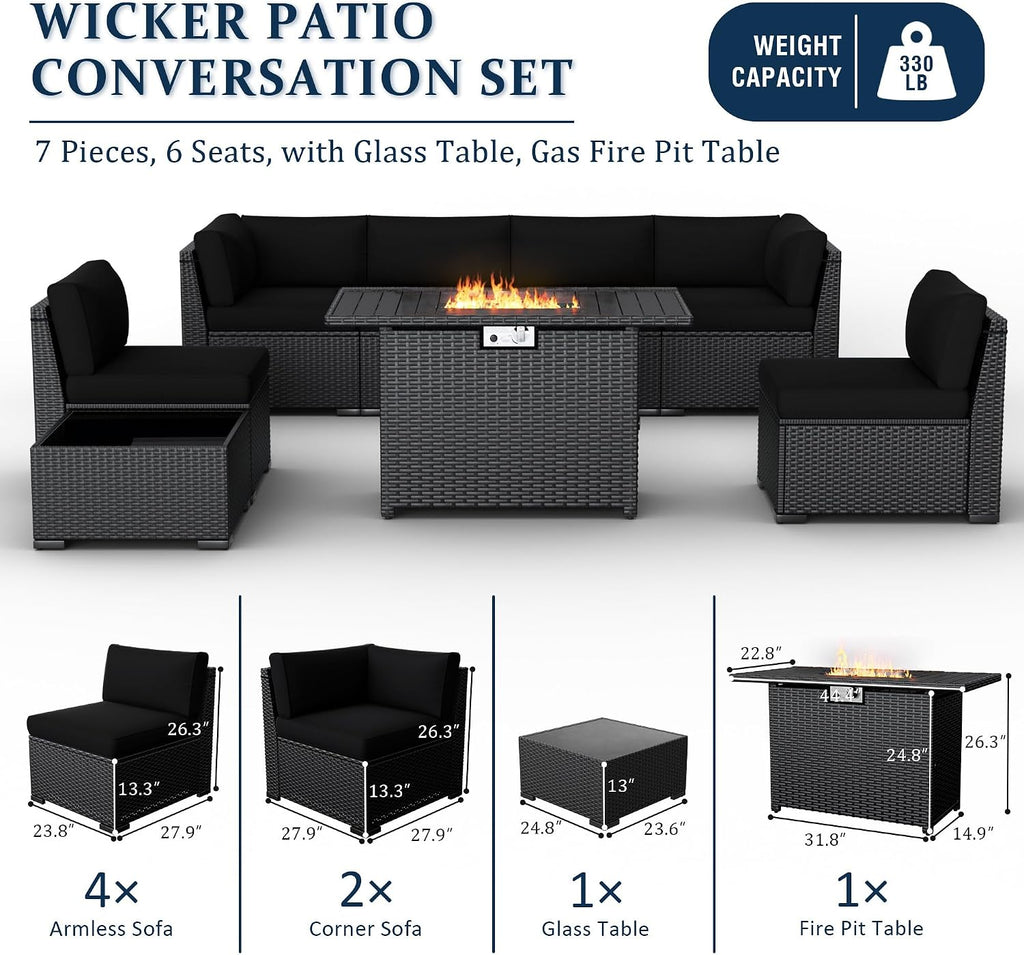 8 Pieces Outdoor Patio Furniture Set with 44' Fire Pit Table Black Rattan Sectional Conversation Sets w/Gas Fire Pit, Coffee Table, 1 Waterproof Covers, Black